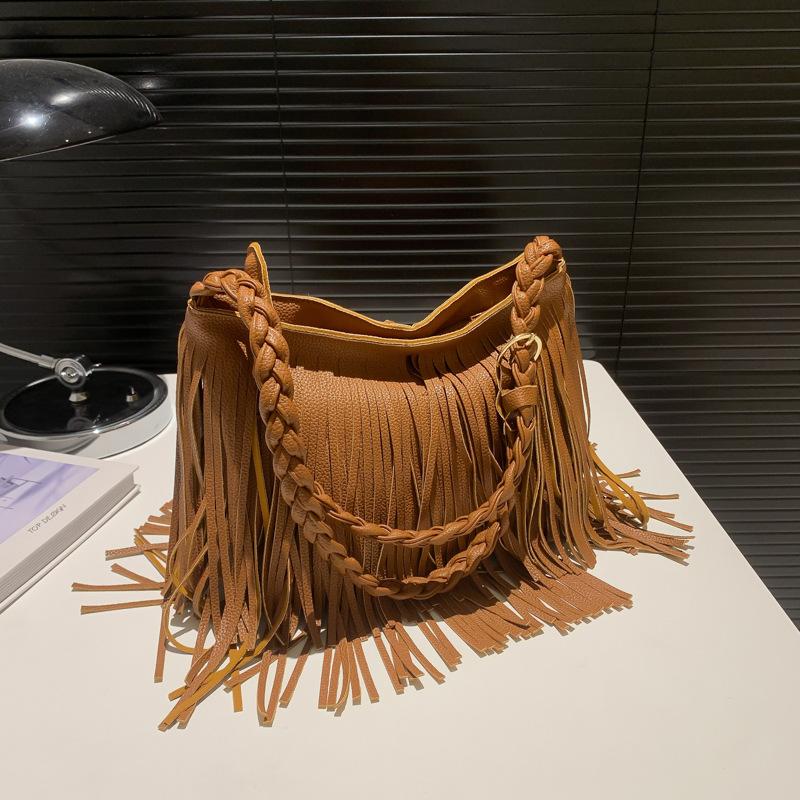 Ретро нишевая модная сумка женская новинка 2024 года, сумка с бахромой, фактура, повседневная, большой емкости, косая сумка через плечо