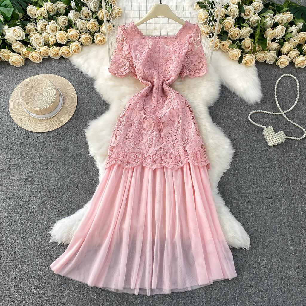 Summer Women Elegant Square Collar Embroidery Flower Lace Mesh Patchwork Long Maxi Slim Bodycon Party Dresses