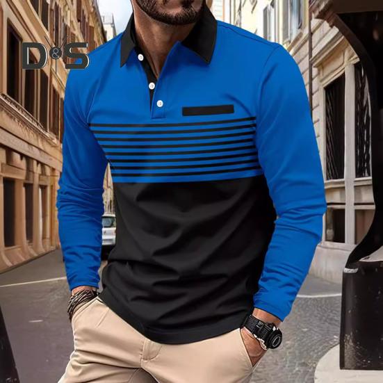 Мужская рубашка весна-осень с отложным воротником на пуговицах, контрастный полосатый принт, длинные рукава, свитер средней длины, повседневный деловой топ