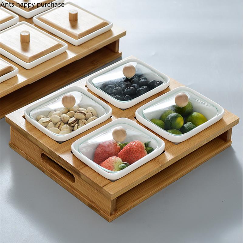 Белая керамическая тарелка для закусок Поднос для закусок Деревянная крышка Стеклянная крышка Деревянные поддоны Набор тарелок для закусок Сухофрукты Фруктовая чаша Поднос для конфет