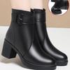 Short Boots, Chunk-heeled Shoes, Fleece Women's Shoes, Mid-heeled Middle-aged Shoes, Soft Leather Cotton Shoes