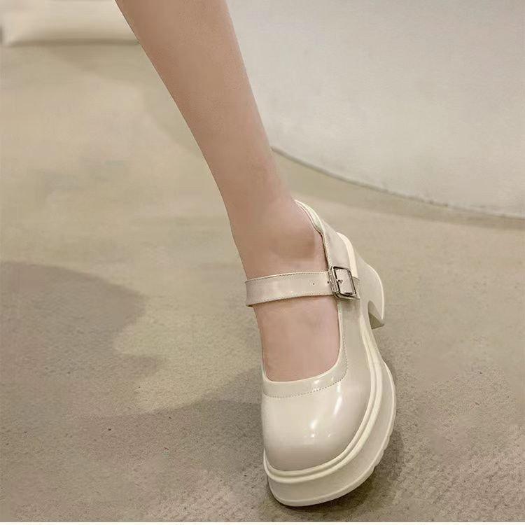 Туфли Мэри Джейн из натуральной кожи женские белые на платформе французские нежные феи с юбкой на толстом каблуке