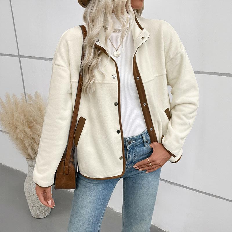 Новая осенне-зимняя коллекция женских кардиганов контрастных цветов с флисовым коротким воротником-стойкой, повседневное пальто