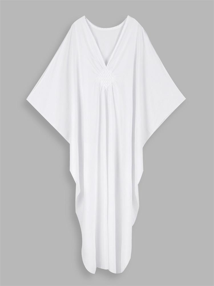 Sexy Vacation White Beach Maxi Dress Women's Hand-knit V-neck Batwing Sleeve Plus Size Kaftan 2024 Summer Beachwear Swimsuit Cover Up Q1306