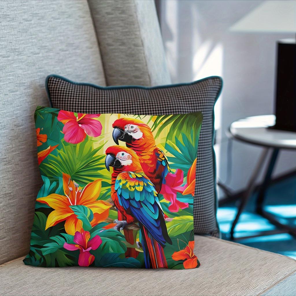 Яркие наволочки с попугаями и тропическими цветамиПодушка для дивана в гостиной, мягкая и удобная, украшение для спальни