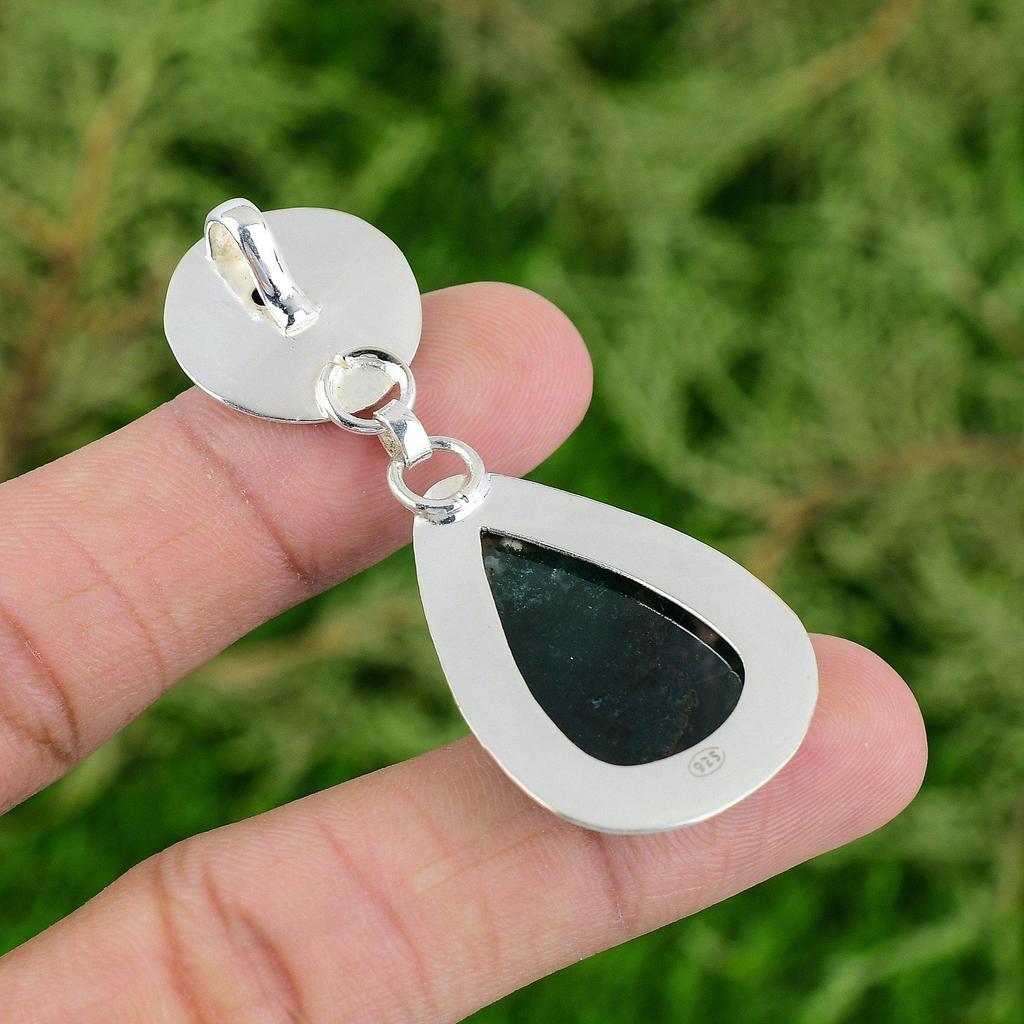 925 Silver Natural Solar Moss Agate Black Onyx Mermaid Bezel Wedding New Pendant