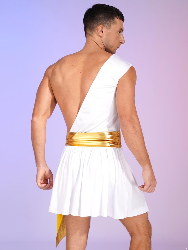 Мужской костюм для косплея в древнем греческом стиле, сексуальный костюм тога, юбка с рюшами на одно плечо, металлическая юбка с рюшами и поясом для вечеринки на Хэллоуин