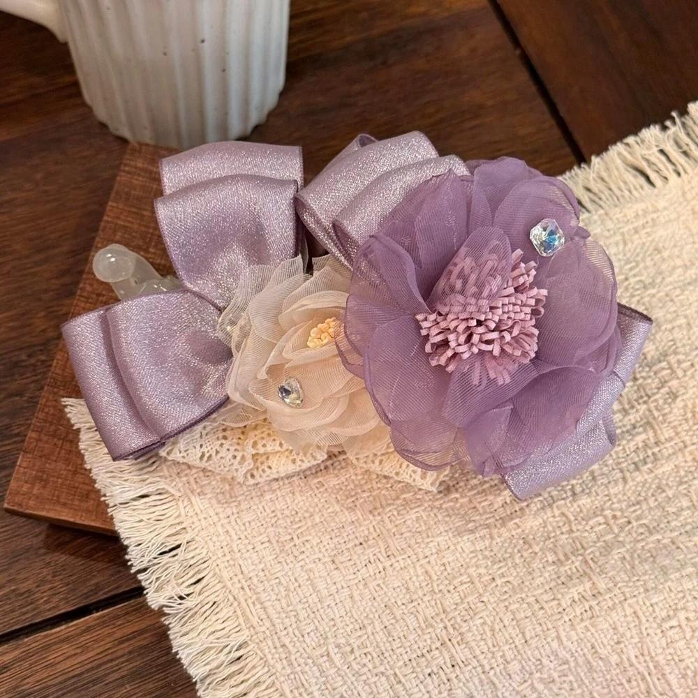Elegant Flower Banana Clip Korean Style Women Ponytail Holder Purple Mesh Vertical Clip Banquet