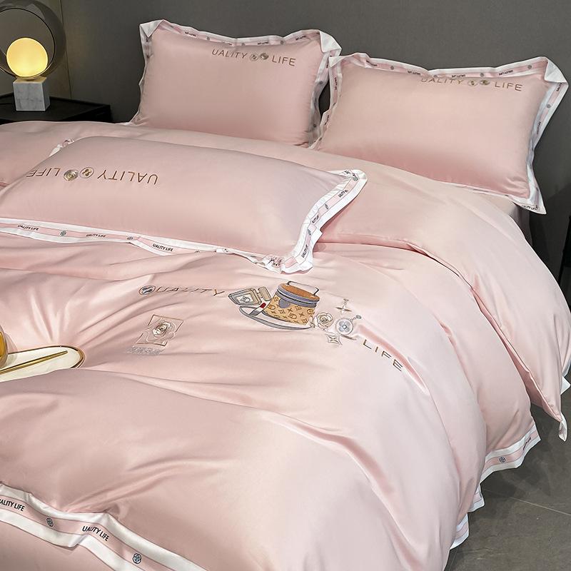 Комплект из четырех предметов из стираного шелка, высококачественное постельное белье из ледяного шелка, вышитое одеяло, покрывало, простыня, комплект из трех предметов