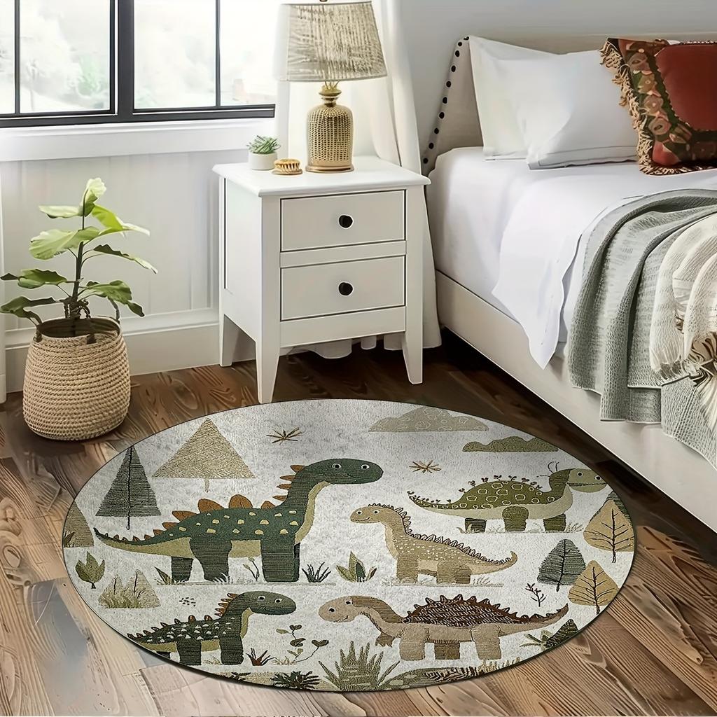 Round Cute Dinosaur Print Rug Non-slip Floor Mat for Kids Room Bedroom Playroom Home Decoration