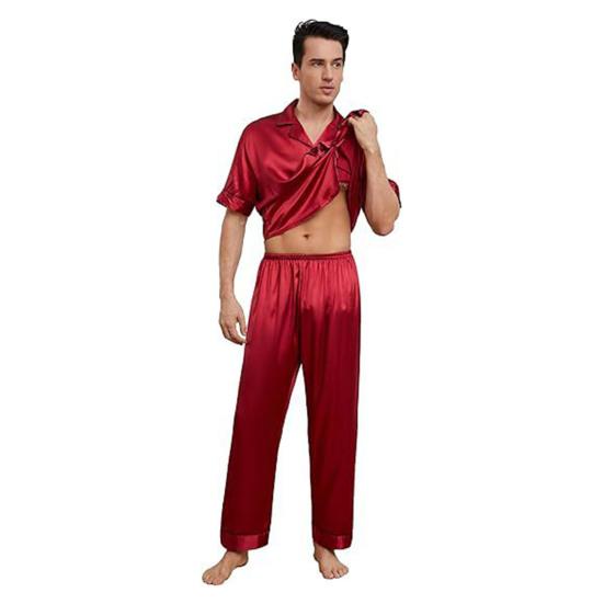 2Pcs/Set Silk Satin Men Pajama Set Notch Collar Button Down Pajama Top with Chest Pocket