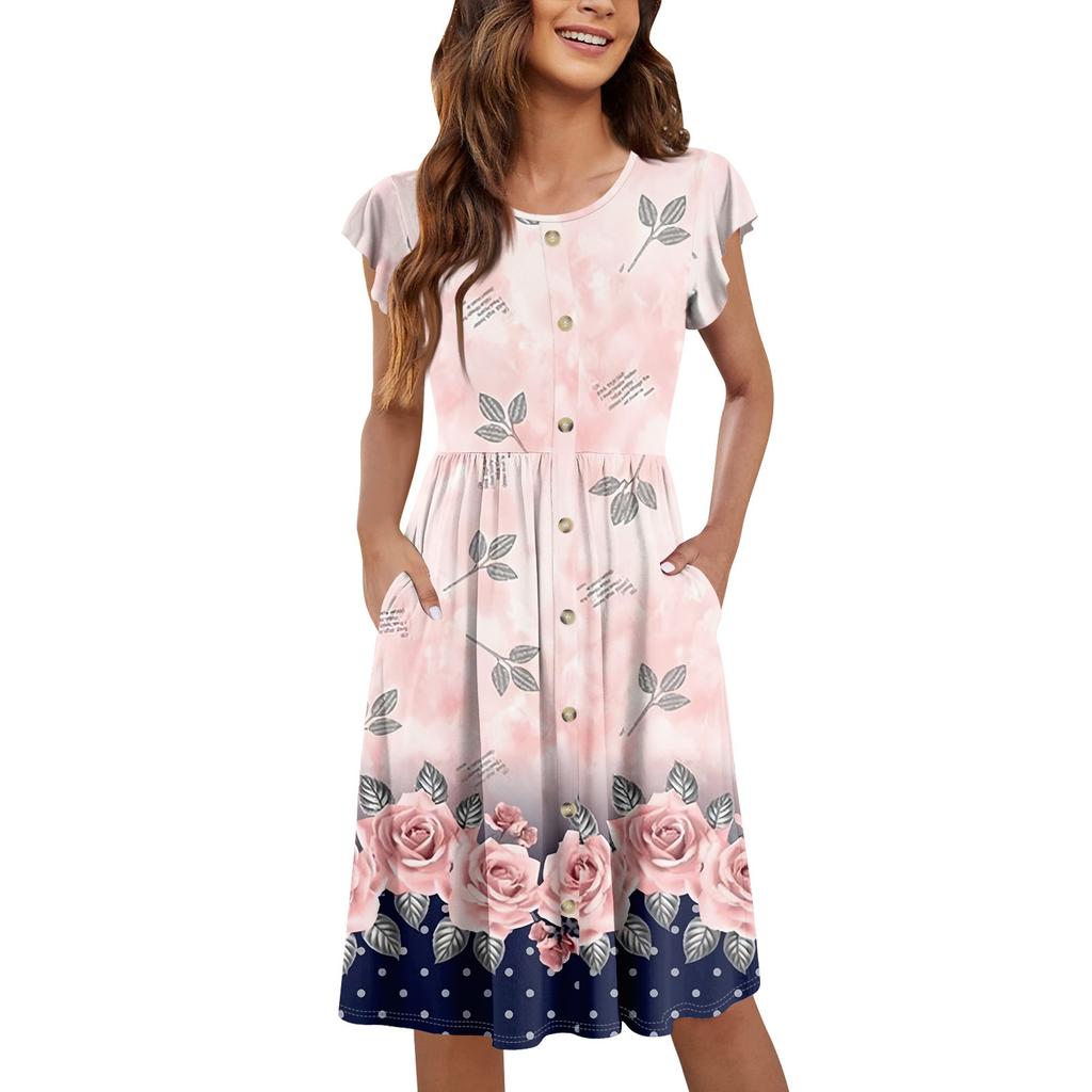 Женские летние платья с круглым вырезом и рукавами-крылышками, повседневные свободные платья-миди с карманами на пуговицах и принтом