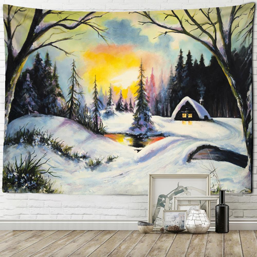 Рождественская елка Снежная сцена картина маслом гобелен настенный богемный стиль хиппи психоделический колдовство комната домашний декор