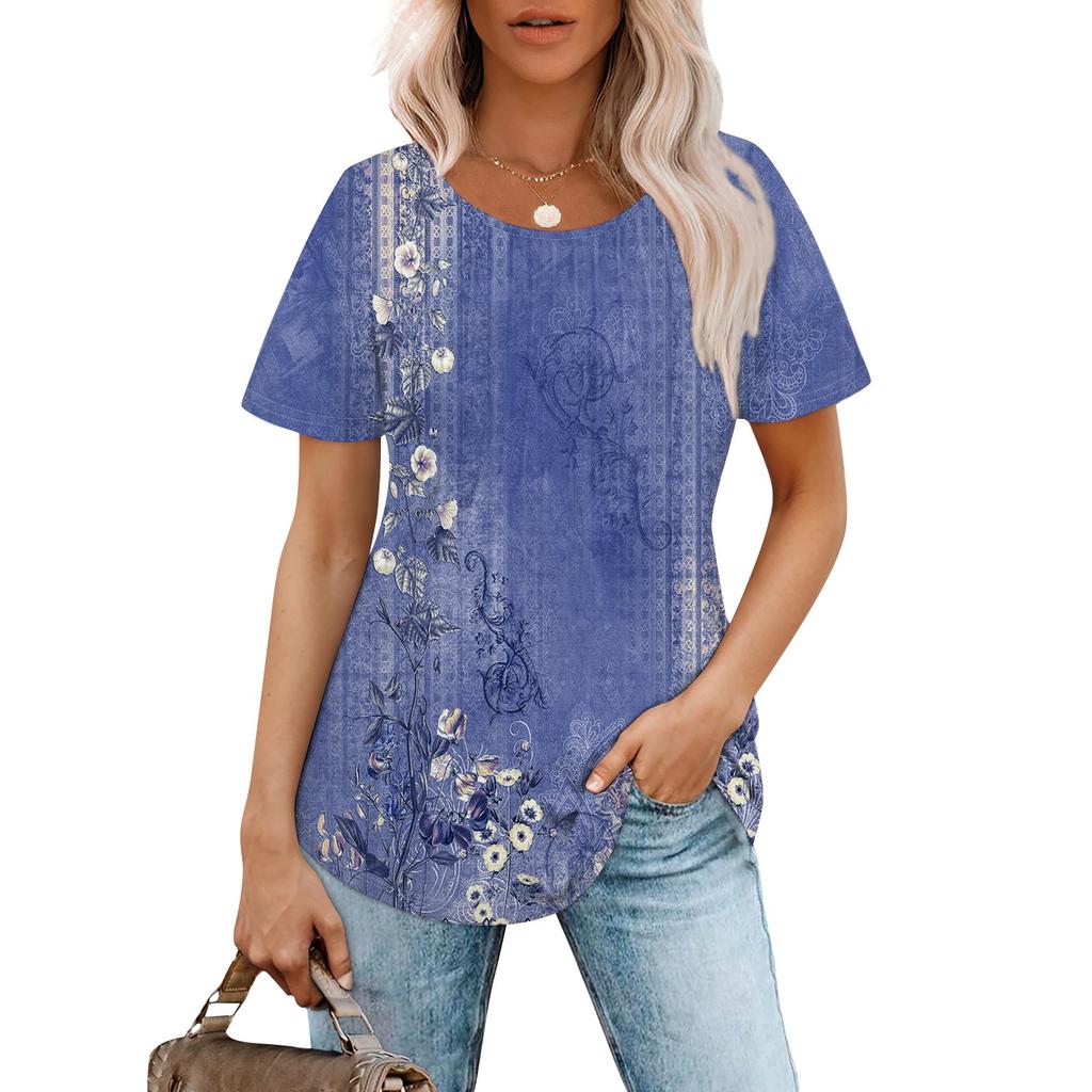 Women's Fashionable Casual Pleated Round Neck  Printed Short Sleeved T-shirt Top