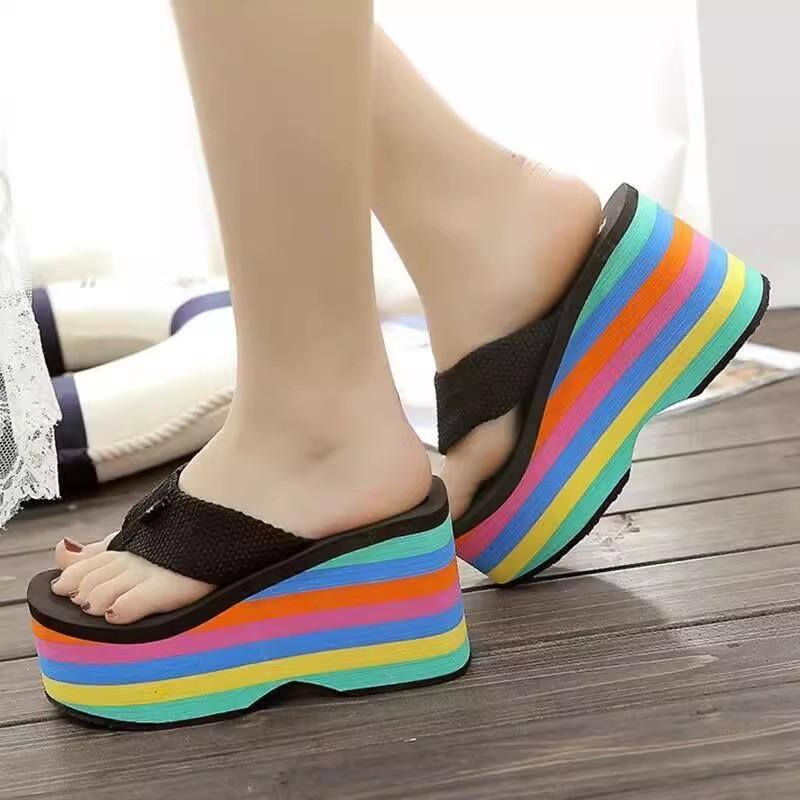 Fashion Beach Shoes Ladies' Slippers On A Wedge Women Heels Multicolored Sandals Gingham Rubber Flip Flops Luxury Slides Sabot High Flat
