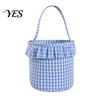 Reusable Storage Organizers Halloween Basket, Plaid Ruffle Trick or Treat Candy Bucket with Handle Home Organization Baskets for Kids, Gingham Fabric