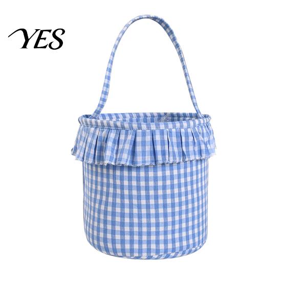 Reusable Storage Organizers Halloween Basket, Plaid Ruffle Trick or Treat Candy Bucket with Handle Home Organization Baskets for Kids, Gingham Fabric
