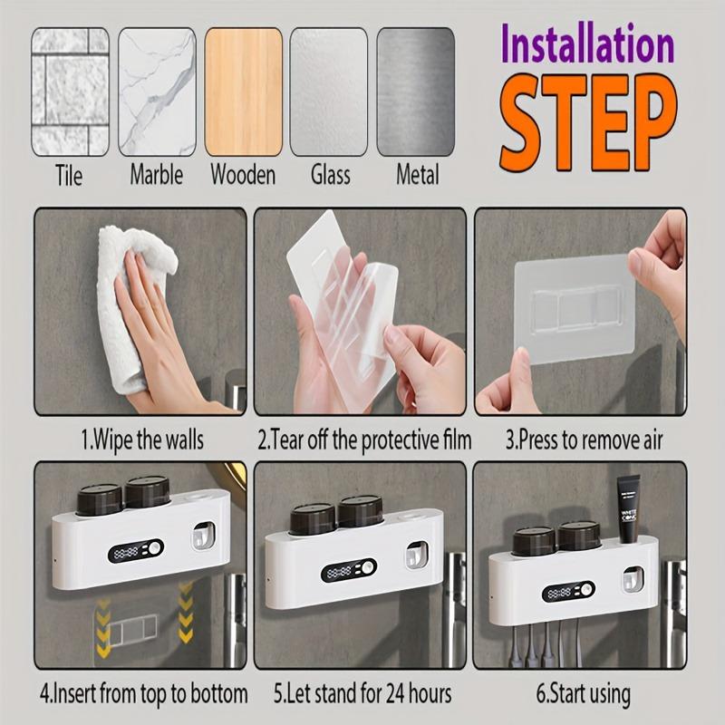 1A smart toothbrush sterilizer2Automatic toothpaste dispenser cup5Grooved storage brush rack USB Rechargeable lithium battery and clock display