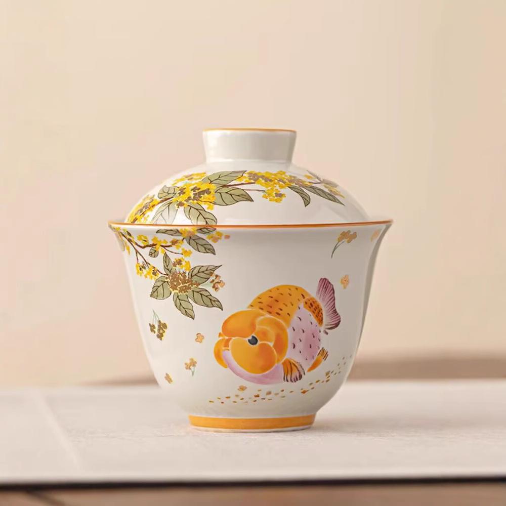 Osmanthus Goldfish Ingot Cover Bowl Teacup Large Ercai Ceramic Tea Bowl With Cover Kung Fu Tea Set Tea Maker