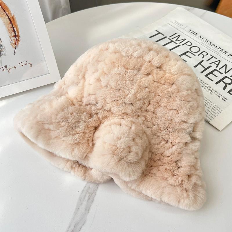 Rex Rabbit Fur Hat Autumn and Winter Versatile Middle-aged and Elderly Warm Ear Protection Top Hat Bucket Hat Show Face Little Mother Hat