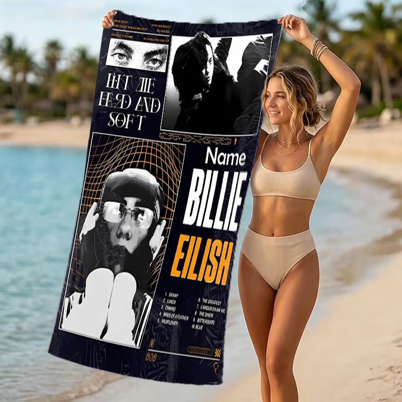 Customizable personalized beach towels Billie Eilish themed designs.Suitable for the beach, yoga, sports;ideal as beach accessories