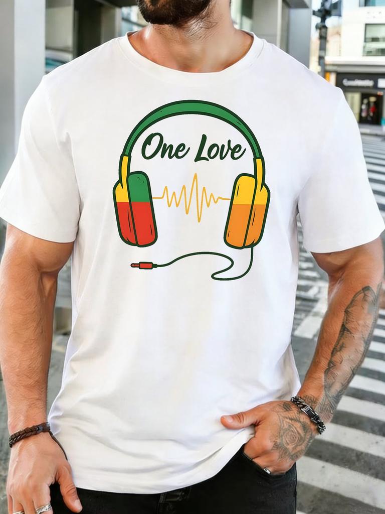 Unisex One Love Headphone Music Wave Retro Graphic Cotton Short Sleeve Tee Crew Neck Soft Male Summer Casual Breathable Street Top