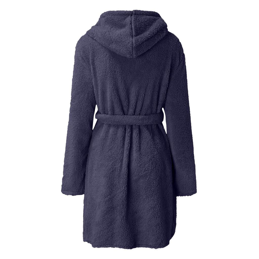Women's Plush Hooded Bathrobe - Solid Color, Warm Pajamas for Autumn and Winter