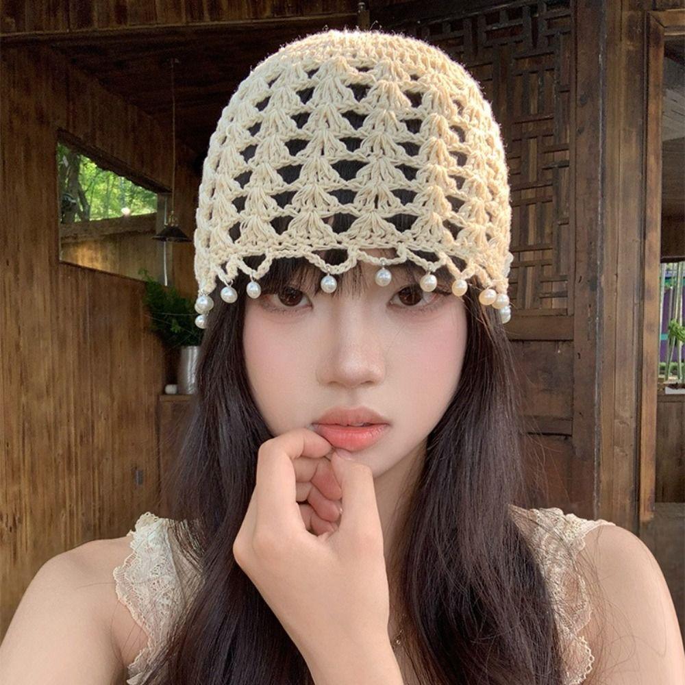 Sweet Crochet Hollow Knitted Hat Beads Tassels Weave Cap Casual Ethnic Style Hat  Outdoor