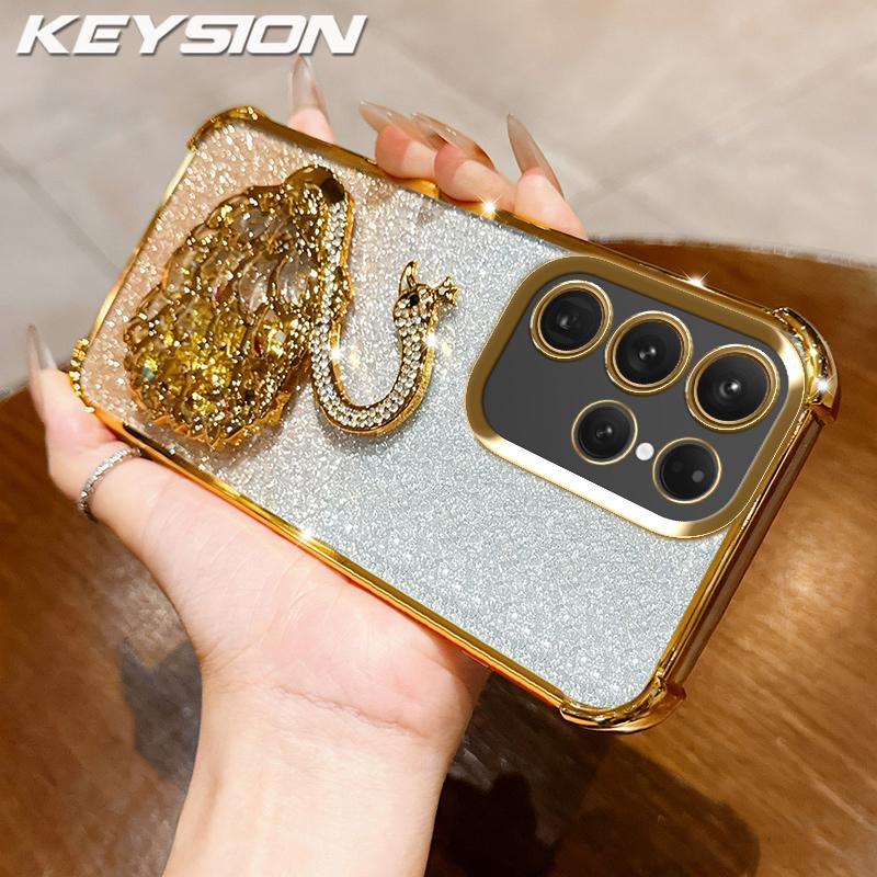 KEYSION Противоударный чехол из ТПУ с гальваническим покрытием для Samsung S24 S25 Ultra S25+ с блестящим инкрустированным драгоценными камнями лебедем-подставкой для Galaxy S24 S25 FE 5G