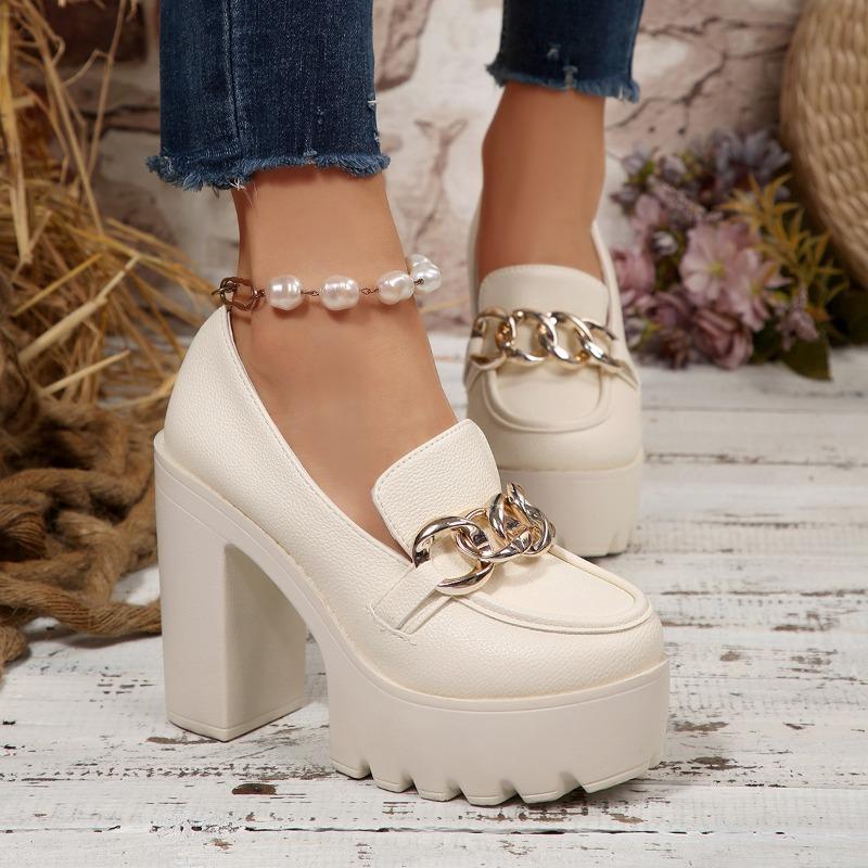 Metal Chain Professional Shoes Women's 2025 Autumn New Thick-heeled Plus-size High-heeled Shoes