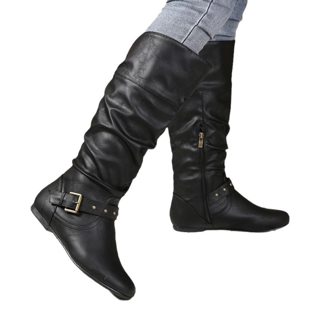 2024 Winter New Fashionable Women's Low Heel Round Toe High Knee Boots With Stylish Buckle
