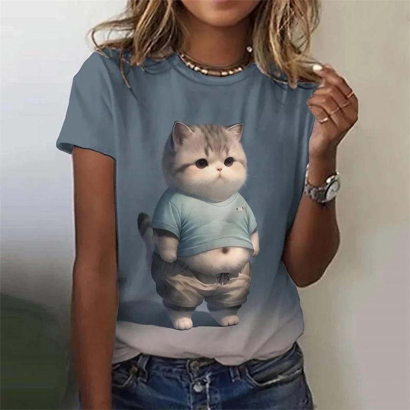 Летний топ с круглым вырезом и принтом 3D Funny Fat Cat, модные повседневные женские футболки с короткими рукавами