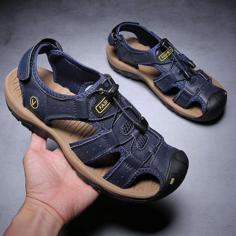 Мужские сандалии, кожаные прогулочные туфли с закрытым носком, широкие уличные спортивные сандалии для пеших прогулок, пляжных прогулок
