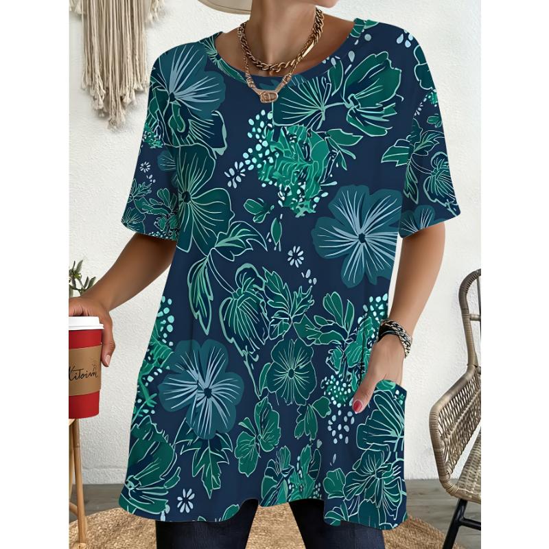 Ladies' oversized tropical floral print T-shirt with pocket design, suitable for daily wear