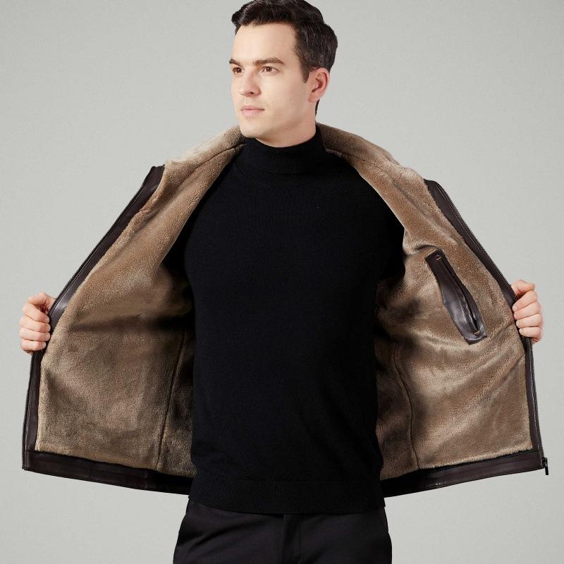 Fur-in-one Leather Jacket for Middle-aged and Elderly Men, Plus Velvet and Thickened Leather Jacket, Winter Genuine Leather Daddy Lapel Jacket