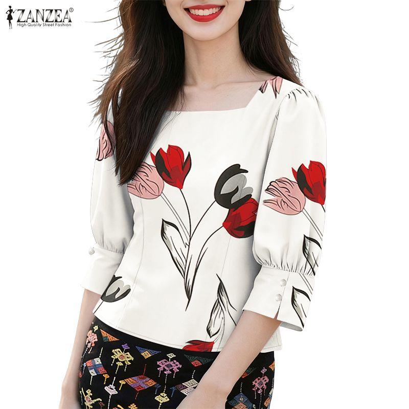 ZANZEA Women Casual Square Collar Summer 3/4 Sleeve Print Blouse