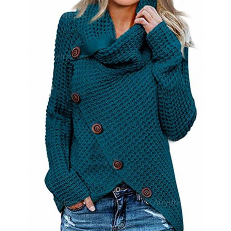 Осенне-зимняя мода, новый свитер с высоким воротником и длинным рукавом, нерегулярные пять косых пуговиц, трикотаж