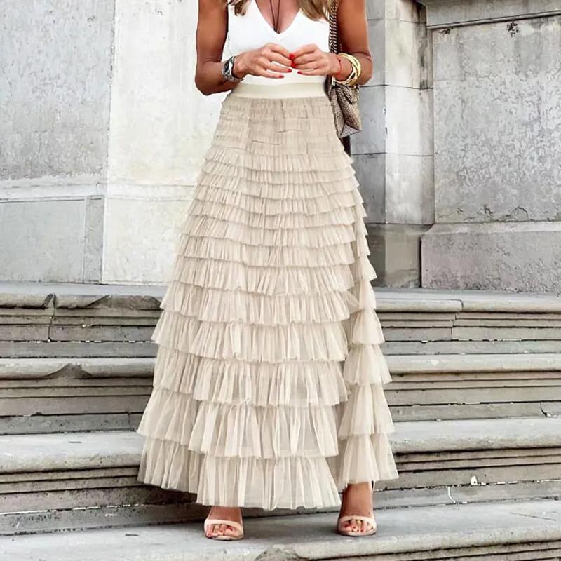 Женские плиссированные длинные юбки с оборками, дизайнерские элегантные сексуальные сетчатые кружевные свободные юбки, однотонная сетчатая лоскутная марлевая вечерние наряд