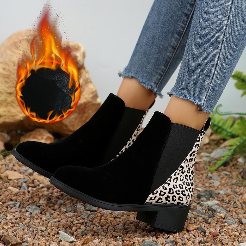 Модные женские осенне-зимние ботильоны удобные теплые короткие ботинки на низком каблуке женские модные леопардовые лоскутные ботильоны без застежек Botas De Mujer
