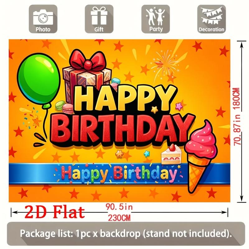 Vibrant Cheerful Cartoon-Style Birthday Scene with Gift Box, Balloon, Ice Cream Cone and Starburst Confetti, Happy Birthday Bold Lettering