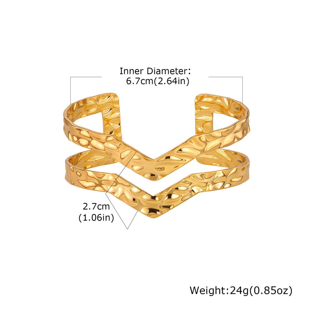 Multi-layer Lines Stainless Steel Wide Cuff Bangle for Women, Non Fading Gold Plated Open Bracelets, Waterproof Jewelry