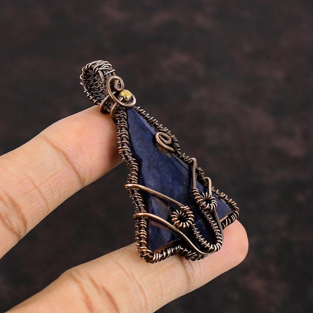 Подвеска из содалита, обернутая медной проволокой, ювелирное изделие ручной работы, изящная подвеска из драгоценного камня, подвеска в виде рождественской елки, ювелирное изделие из содалита, подарок для женщин