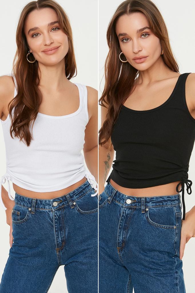 Women's Fashion New Athlete Black-White 2-Pack Drawstring Detailed Pool Neck Ribbed Flexible Knitted Athlete