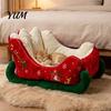 Soft Suede Dog House Christmas Sleigh Shaped Pet Bed, Cozy Holiday Cat Sofa Anti?Slip Base Comfortable Foam Mat Cushion, Washable Sleeping