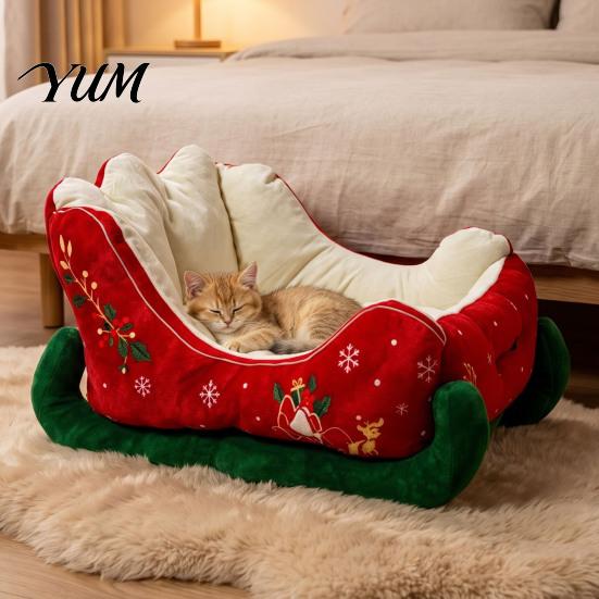 Soft Suede Dog House Christmas Sleigh Shaped Pet Bed, Cozy Holiday Cat Sofa Anti?Slip Base Comfortable Foam Mat Cushion, Washable Sleeping