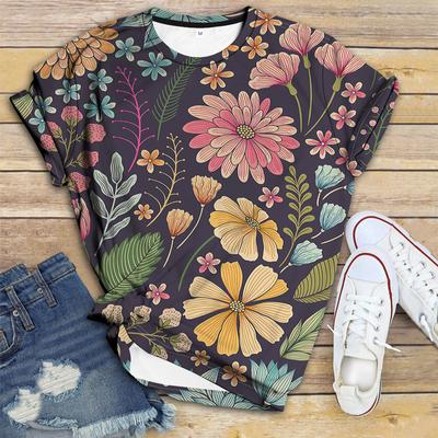 Футболка женская свободная с короткими рукавами и принтом в виде растений, новый летний стиль, женская одежда