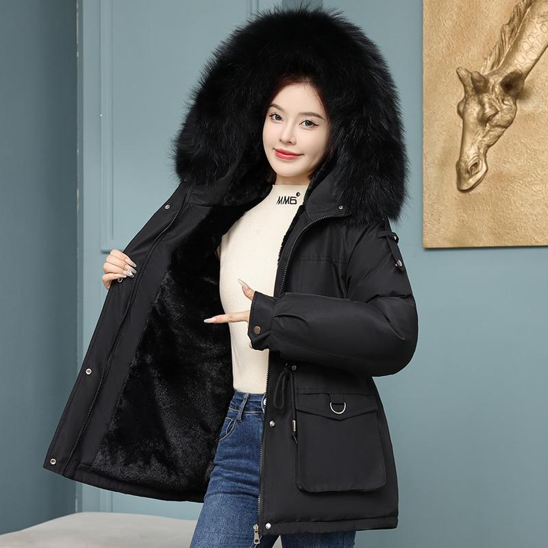 Женская осенне-зимняя однотонная теплая куртка с длинным рукавом и меховым воротником, карманное пальто