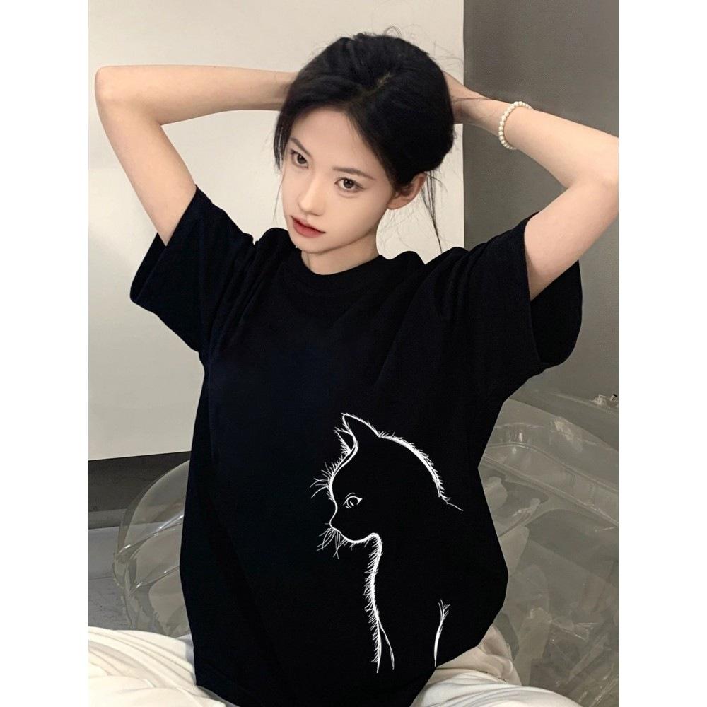 Pure cotton black short-sleeved women's t-shirt new popular summer unique design niche top loose t-shirt
