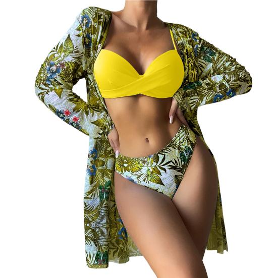 3 шт./компл. Женский комплект бикини с цветочным принтом, раздельный, на бретелях, с подкладкой, купальник-спагетти, сексуальный, с длинным рукавом, EMA