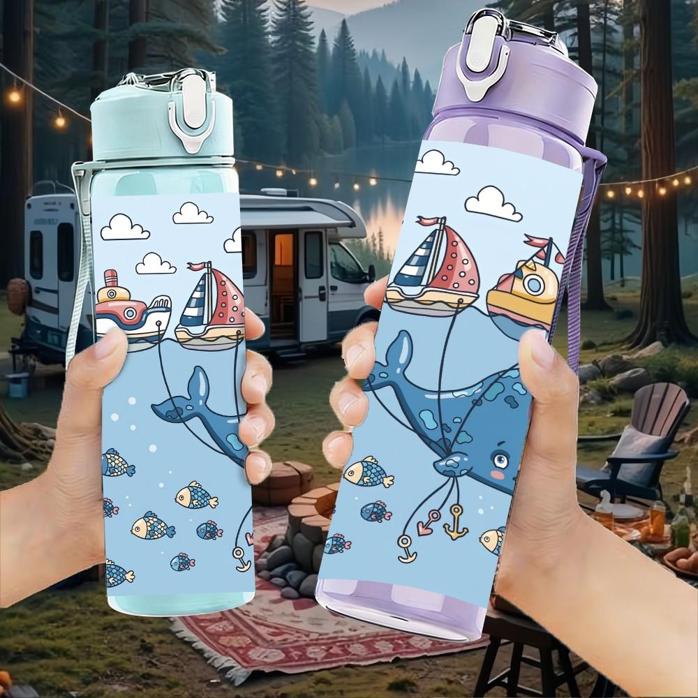 1PC Whale Ocean Cartoon Animal Print 750ml Color Plastic Sports Water Bottle Leakproof Flip Straw Lid Suitable for Sports Office Home Use